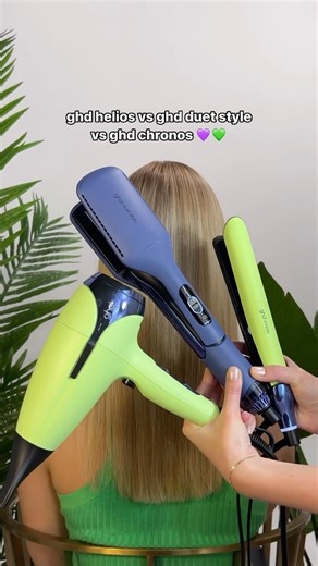 Wanna the know the difference between ghd helios, ghd duet style and ghd chronos? 🤔 Read below 👇🏽​ ​ 💚 ghd chronos: ​ Experience total transformation in one stroke with ghd chronos hair straightener for dry hair only. Using HD motion-responsive™ technology for ultra-fast personalised styling, ghd chronos continuously adapts to your styling movements, adjusting power for precise heat monitoring at the optimum temperature for styling of 185˚C.​ ​ ghd duet style💜​ Our 2-in-1 hot air styler dri