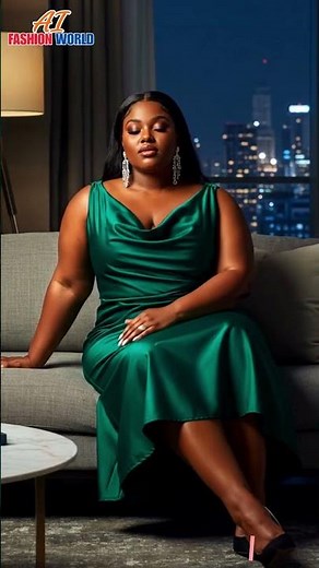 Stunning Plus Size Model in Green Satin Dress AI Fashion Walk & Lookbook