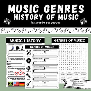 Music Genres and History of Music Easy Intro - Printable Music Worksheet Handout