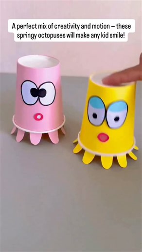 Create adorable springy octopuses from paper cups and strips of paper! This fun and easy craft helps kids improve fine motor skills, explore motion, and express creativity. Each bounce brings laughter — and a little science too! octopus craft, paper cup craft, ocean animals, kids art project, fine motor skills, STEM for kids, creative play, DIY toy, easy craft, movement activity | GenioKid - Early Learning: speech, counting, motor skills