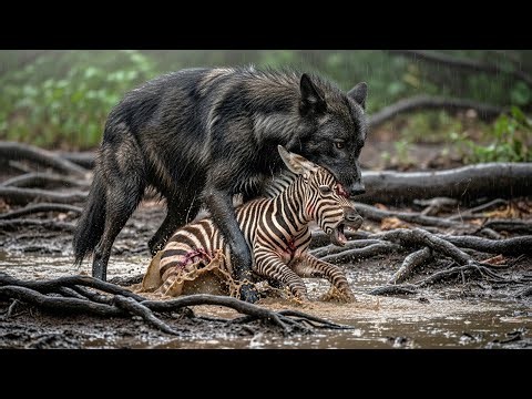 Black Wolf vs Baby Zebra | A Heart-Stopping Battle of Survival in the Muddy Jungle!