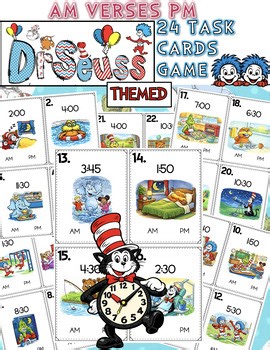 AM vs PM Scoot Game | Seuss-Themed Time Telling Task Cards | 2nd Grade Math Game