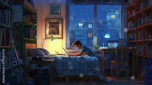 Animated studying lofi background. Late night homework. 2D cartoon character animation with nighttime cozy bedroom interior on background.