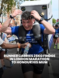 Jordan Adams, one half of @theftdbrothers, ran the London Marathon with a 25kg fridge on his back to raise awareness of frontotemporal dementia, a condition they lost their mother to. The brothers are taking on 32 marathons in 32 days across Ireland as a tribute to their mother’s heritage. #londonmarathon #london #marathon