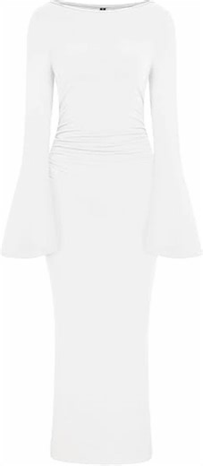 PRETTYGARDEN Women's Bodycon Maxi Dress Fall Fashion Long Bell Sleeve Ruched Fitted Elegant Cocktail Party Slit Dresses