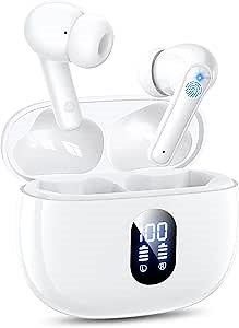 Wireless Earbuds, Bluetooth Ear Buds with Big Bass Stereo Sound, 48 Hours Playtime, Lightweight in-Ear Fit Earphones, IPX7, Hands-Free Calls with AI for iPhone, Android, Pad, Sports, Workout White