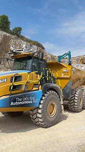 Bell's autonomous dump truck being shown at the recent Hillhead quarry show. Note the operator in the cab with his hands in the air | RPA Media