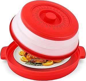 Microwave Splatter Cover for Food with Anti-scald Base Plate,Large Plastic & Silicone Vented Avoid Scalding Collapsible Guard Lid,Kitchen Essential Gadgets for Meal Prep-10.7 Inch (Red)
