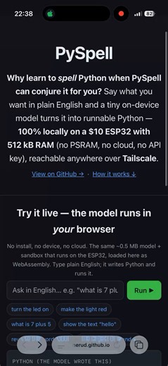 $10 computer (ESP32) running Python, Tailscale, 8 containers and LLM model in parallel offline. Yes it’s possible and actually quite good. You can even test it live in the browser while you wait for your own ESP32 to arrive in the mail 😎- Custom trained AI model ✅- 8 containers using under 50kB ✅- Tailscale client in Rust ✅- Live demo of everything ✅Try it out: