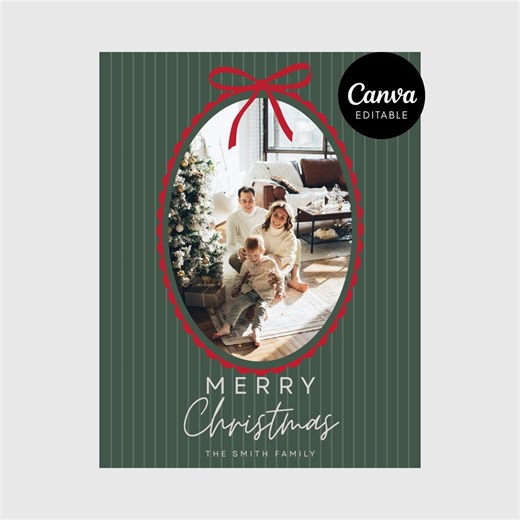 Holiday Photo Card Template, Christmas Bow Stripe Family Photo Card, Editable Canva Happy Holidays Template, Digital Download - Etsy