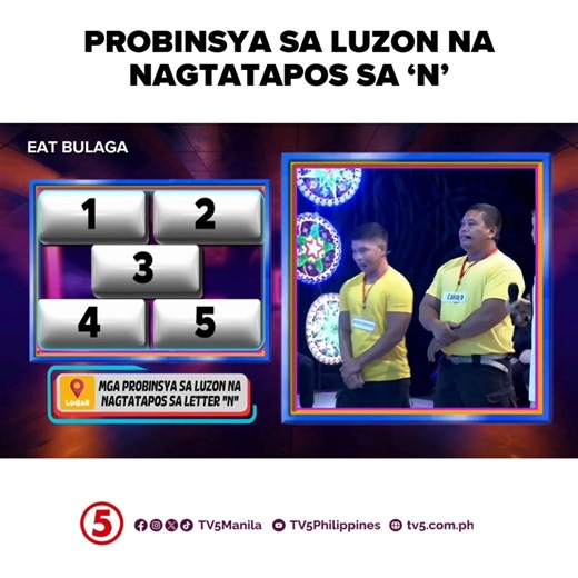 296K views · 1.2K reactions | Luzon bound tayo, Dabarkads! Magbigay ng probinsya na nagtatapos sa letrang ‘N’. Game o pass? #EatBulagaTV5 #TVJonTV5 WEEKDAYS | 12NN SATURDAYS | 11:30AM #HaponChampionTV5 | TV5 | Facebook