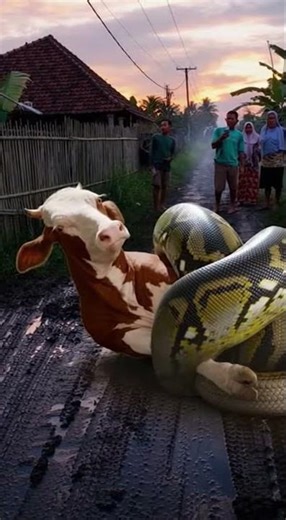Viral! Ular Besar Serang Sapi di Pemukiman Warga