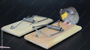 An agouti rat sits on a mousetrap. A rodent eats cheese. Two traps isolated on a black background. Stock Video