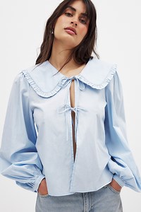 Frill Collar Cotton Blouse Blue