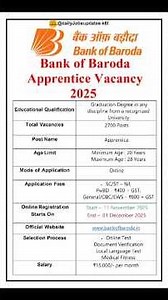 Bank of Baroda Apprentice Vacancy 2025 | New Bank Apprentice 2025 | dailyJobs updates #shorts #bob