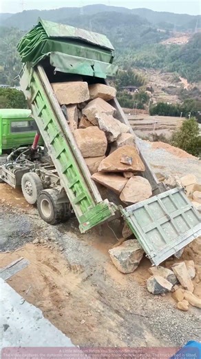 Truck Dumping Rocks Moment, Construction Scene by Mountain Road