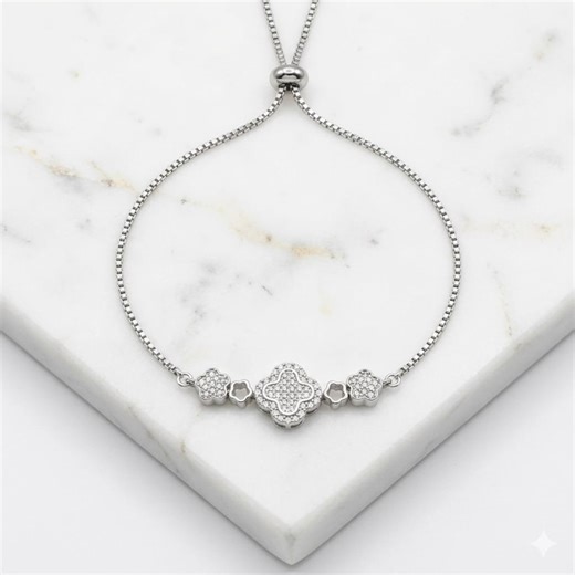 Dainty Silver Clover Bracelet – Sparkling Cubic Zirconia Flower Charm, Adjustable Clasp - Etsy