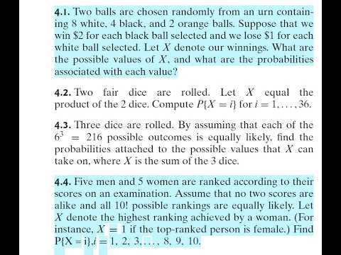 Probability (9E) - Ross. Prob 4.1, 4.4: Discrete Random Variables/Probability Distributions