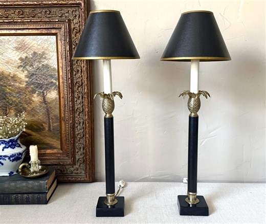 Beautiful Vintage Pair of Tall Buffet Style Decorative Brass Pineapple Table Lamps W/ Black Marble Base and Black Shades - Etsy