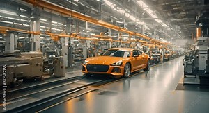 Busy factory assembly line producing modern cars using mass production techniques Concept Factory Automation Mass Production Modern Technology Automotive Industry Assembly Line