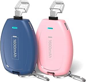 (2-Pack USB C Keychain Portable Charger, 1600mAh Mini Power Bank Ultra-Compact Battery Pack Power Emergency pod for iPhone 17/16/15 / Android Type-C Phones Samsung, Pixel, Moto etc-Pink&Blue