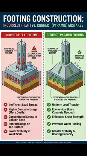 FOOTING CONSTRUCTION MISTAKES YOU MUST AVOID A strong building always starts from the ground. One small mistake in footing design can cause cracks settlement and serious structural failure later. This reference image clearly compares flat footing versus pyramid footing to help you understand the right approach for safe construction. INCORRECT FLAT FOOTING Flat footing may look simple but it creates multiple long term problems when used without proper design. Flat footing causes uneven load distr