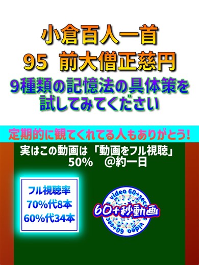 『記憶力』や『集中力』を上げるために、使用してね！ 利用方法 周りに「ヒントと答え」が有り、問題を解らない演技をした後、解答の最後に正解にたどり着いて下さい！ ステレオ音声を左右のイアーホンかスピーカーで聞くことをオススメします。 内容『キーワード』を、自分で楽しいなどの感情を動かす様にしながら『問題形式』や『時間制限』＆『ヒント』＆『答え』＆『ロールプレイ』等で効率的に『記憶力』を上げて『記憶』させます！ 効率的にと考える人は、次の日にもう一度やり直して、今日から3日後やり直して、今日から5日後やり直してと、いう風に間を＋１づつ増やして定着を目指すと、効率が良いそうですよ! 探し易くするためにフォローしてくれると、便利だと思います。 もっと効率的にと考える人は、朝に日光浴をして、食品にピーナッツ＆豆＆肉＆魚貝類(タンパク質=プロテイン)をたべて、睡眠の4～5時間前から『カフェイン』と『アルコール』を取らない等を、行ってみてね！ #競技かるた #小倉百人一首 #百人一首 #歌人 #和歌 #連歌 #万葉集 #古今和歌集 #近江神宮 #かるた #カルタ #前大僧正慈円 #問題形式 #クイズ