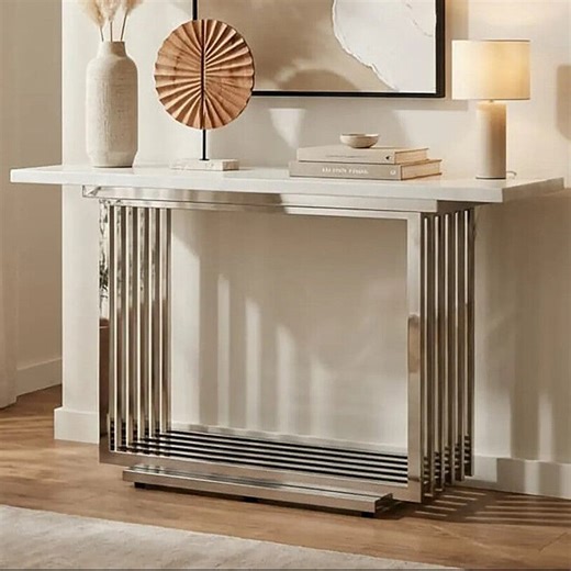 White Marble Top Console Table with Geometric Silver Stainless Steel B