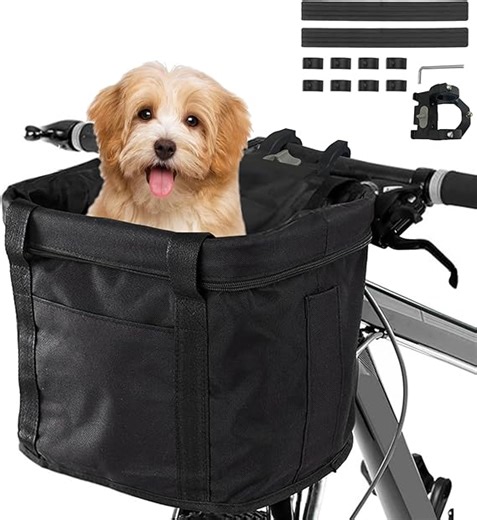 Fahrradkorb, Faltbar Wasserdicht Fahrrad Lenkerkorb, Abnehmbare Lenkerkorb Aluminiumlegierung Rahmen Hund Katze Haustier Träger für Kleiner Hund, Mountain Picknick, Einkaufen (Schwarz)