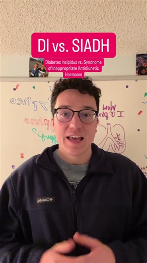 hormone secretion (SIADH), excessive ADH causes the body to retain free water. This dilutes serum sodium, leading to hyponatremia, low serum osmolality, and relatively concentrated urine. In contrast, diabetes insipidus occurs when ADH is either deficient (central DI) or ineffective at the kidney (nephrogenic DI). Without ADH activity, the kidneys are unable to reabsorb water, resulting in large volumes of dilute urine, increased serum osmolality, and often hypernatremia. All content shared is f