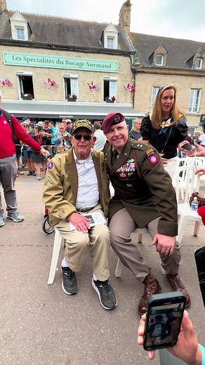 A very special moment between 82nd Airborne Division Commander MG Pat Work and World War II Veteran Dennis Boldt. These two incredible guys met for the first time in Sainte-Mere-Eglise. #heroes #greatestgeneration #thankyou #neverforget