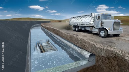 Scene focusing on a lined landfill drainage system illustrating safe leachate management techniques to protect groundwater in controlled waste disposal operations.
