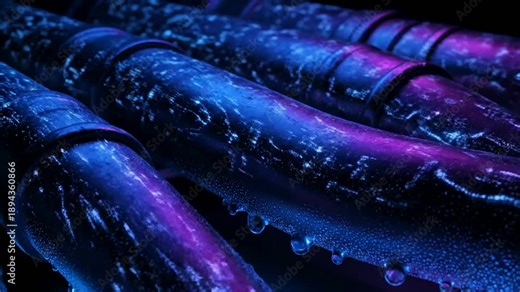Futuristic glowing blue and purple pipes with digital patterns and condensation, representing critical infrastructure for a quantum processor or a fusion reactor core.