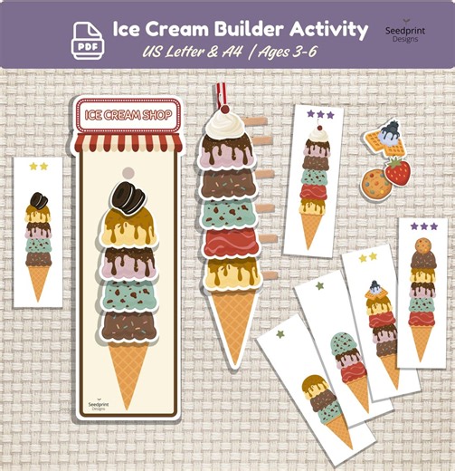 Ice Cream Builder Printable PDF Montessori Interactive Game Toddler Pattern Matching Game for Kids Summer Preschool Pretend Play