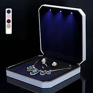 Necklace Box with Led,Jewelry Box for Necklace, Jewelry Gift Box for Wedding, Birthday, Valentine' Day, Mother'S Day, Christmas,Black Velvet Interior Necklace Box(White)