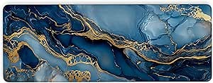 Bright Blue Gold Marble Mouse Pad, Desk Mat with Seamed Edges and Non-Slip Base, Thin Extended Computer Mouse Mat, Keyboard Full Desk Mousepad for Office, Home(31.5 X 11.8 Inch, 3mm Thick)