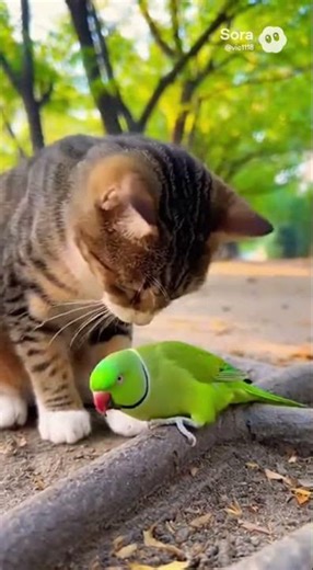 Green Parakeet Faints on Park Path, Cat Rapid Taps 🦜🍃 #catrescue #bird #cute #shorts