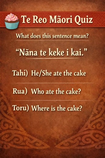 🧁 Te Reo Māori Quiz today's challenge 👇 “Nāna te keke i kai.” What does this sentence mean? Tahi: He/She ate the cake Rua: Who ate the cake? Toru: Where is the cake? 💡 Tip: Who can remember what “Nāna” means? Also, “i kai” shows the action already happened! Drop your answer in the comments below 👇 Tahi, Rua or Toru🤔 A little change up from A,B or C😀 Ka rawe Whānau 🙌 keep up the mahi, your doing awesome👏 #MāoriQuiz #LanguageLearning #MāoriLanguage #LearnMāori #TeReoMāori | Rangi's Reo