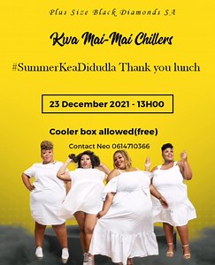 Plus Size Black Diamonds SA invites you to Kwa Mai-Mai chillers before we go home to spend our Christmas holidays with loved ones. Venue: Kwa Mai-Mai Johannesburg CBD Date: 23rd December 2021 Arrival Time: 12H00 Entrance is free‼️ Cooler box allowed Food is sold at the venue. You can bring your camping chair(optional) Everyone is welcome to chill with us‼️ | Women In Confidence SA Events