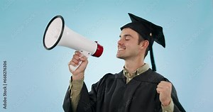 Student speech, graduate man and megaphone announcement, news or college speaker opinion, noise or info. Studio microphone, university communication or learning education broadcast on blue background