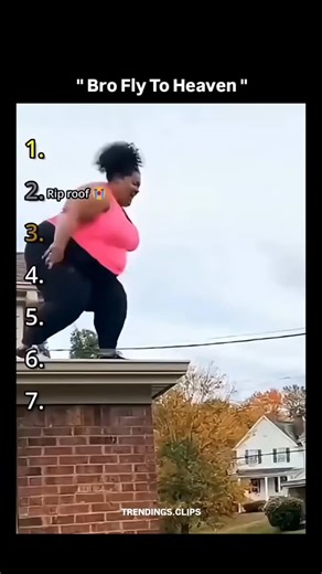 TRENDING MEMES on Instagram: "This video appears to be a frame from a viral-style compilation video titled “Ranking Funniest Trampoline Park Moments,” where different clips are numbered for entertainment value. In this particular scene, a woman is standing on the edge of a residential rooftop, seemingly preparing to jump—likely toward a trampoline positioned below and out of frame. The setting shows a suburban neighborhood with brick architecture, nearby houses, overhead utility lines, and autum