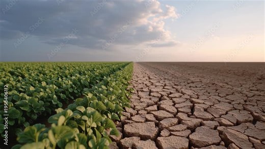 A clear division in an agricultural field shows lush green crops on one side and dry, cracked soil on the other. This contrast highlights the effects of drought on farming during fall.