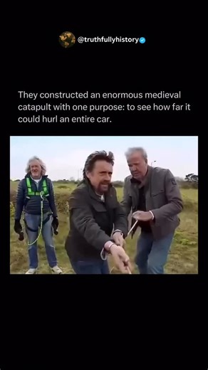 Zachariah Moore on Instagram: "In 2009, Top Gear decided to answer one of the wildest engineering questions ever asked: Could a medieval trebuchet throw a full-size car? To find out, engineers didn’t use CGI or tricks — they built a real, full-scale counterweight trebuchet, the same type of weapon used in medieval sieges to hurl massive stones at castles. This machine worked by storing energy in a heavy falling weight, then transferring that energy through a long arm into pure kinetic force. Whe