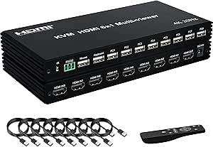 4K HDMI KVM Switcher 8 in 1 Out, 4K Multi-Viewer with IR Remote and Button Switch, HDMI Splitter with 16 Modes Displays 1 Full Screen+15 Kinds Split Screen Modes, 2 USB Port for Keyboard/Mouse