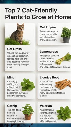 Looking for ways to make your home both cozy and cat-friendly? 🏡🐱 This lovely guide shows cat-safe plants that are not only easy to grow but also bring joy, health, and comfort to your furry friend! 💚 🌱 Cat Grass – A perfect mix of wheat, oat, and barley grasses! Helps digestion, reduces hairballs, and provides nutrients missing from pet food. 🌿 Cat Thyme – Some cats react to it with playful excitement, while others just chill. A fun plant to experiment with! 🍃 Lemongrass – Gentle and refr
