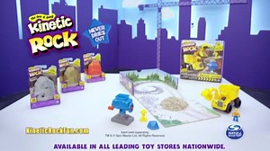 Mold it! Build it! Crush it! New from the makers of Kinetic Sand comes Kinetic Rock. Kinetic Rock is made from real natural rock that magically sticks together! Use the included mold to create boulders. Then use the vehicle’s claw to pickup the boulder, transport it, and dump it. You’ll have help from the pose able construction figure that fits inside the vehicle. Now you’re ready to crush some boulders! Use the rock crusher to turn molded bounders into rock. Flatten out and smooth the rock with