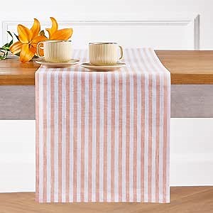Solino Home Striped Linen Table Runner 36 Inches - Amalfi Stripe, 100% Pure Linen Coral and White Small Table Runner 14 x 36 Inch Ideal for Dresser and Coffee Tables, Mothers Day, Spring, Summer