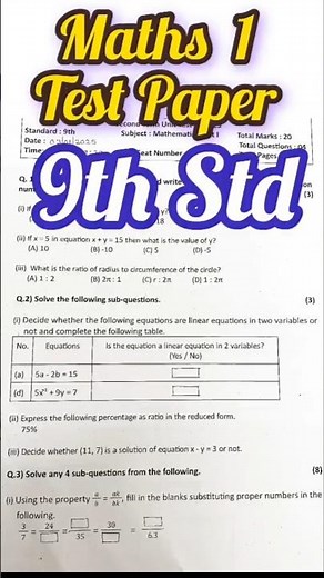 9th STD Maths 1 Question Paper 📋 Second Unit Test ✅ #maths #exam #trending #viral #shorts #pat #yt