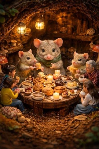 “Underground Tea Time: Mice and Miniature Humans Share a Magical Snack ✨🐭”