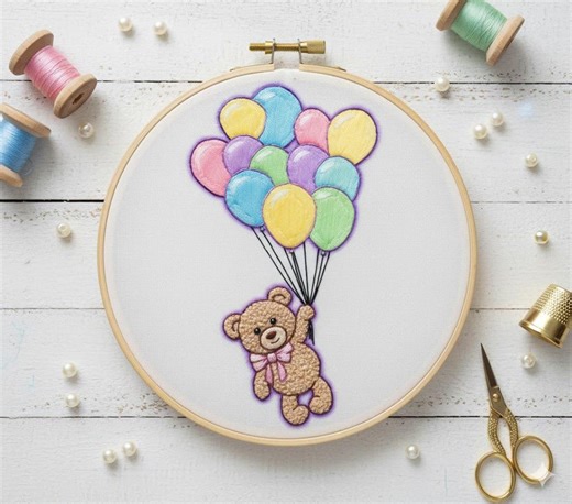 Teddy With Balloons Hand Embroidery Design, Teddy Embroidery PDF File - Etsy